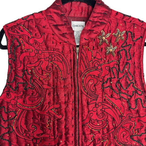 Chicos Red‎ Embroidered Quilted 100% Silk Vest Size 1 Front Zip Size 1 (M/8) - Picture 2 of 12